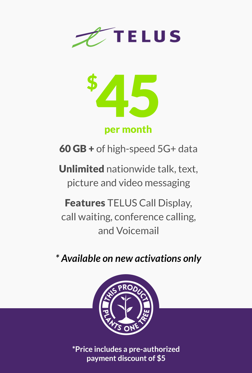 5G+ | $45 | 60GB (new activations only)